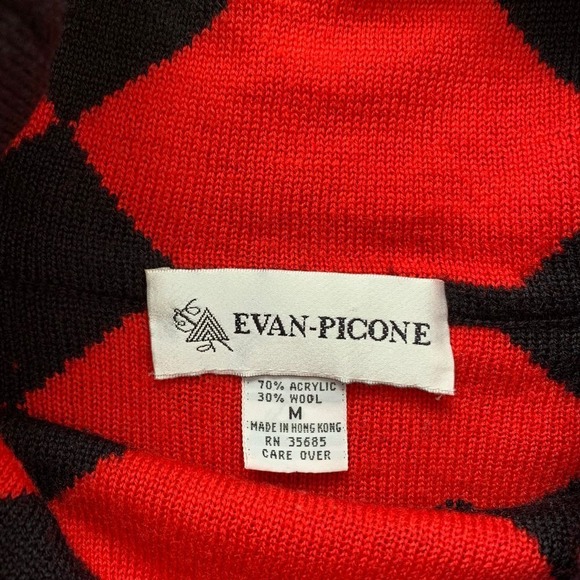 VTG 80's Evan Picone Medium Wool Blend Harlequin Black & Red Cowl Neck Sweater - Picture 3 of 12